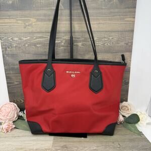 Michael Kors Eva Top Zip Shoulder Purse Nylon Medium Tote Red Black